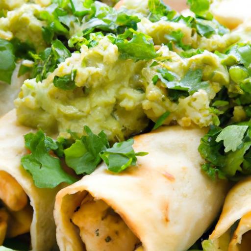 Crispy Baked Chicken Taquitos Served with Fresh Guacamole