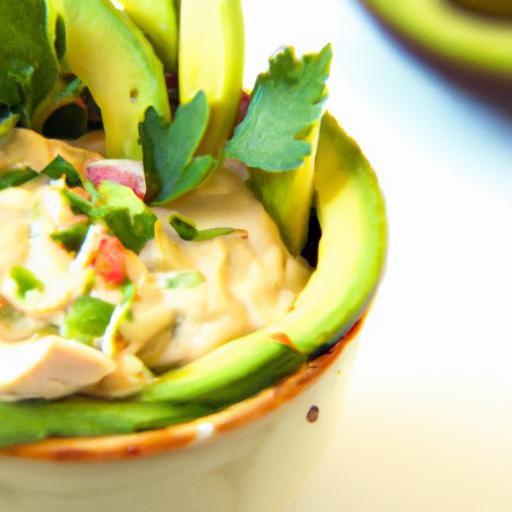 Creamy Chicken Salad Served Inside Avocado Bowls