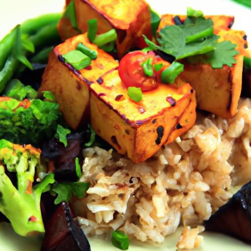 Flavorful Baked Tofu with Vibrant Veggies and Steamed Rice